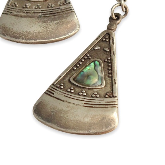 Vintage Abalone Shell Dangle Earrings Silver Tone Triangle Granulated Bohemian - Picture 2 of 3